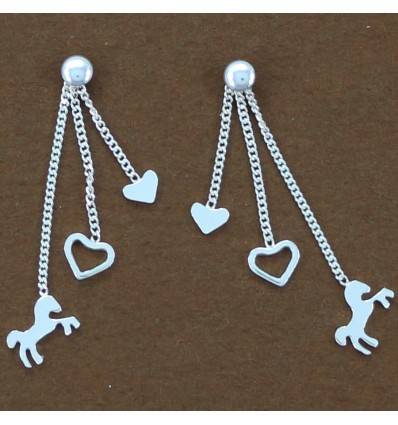 boucles d'oreilles petits chevaux et coeurs -chainettes pendantes